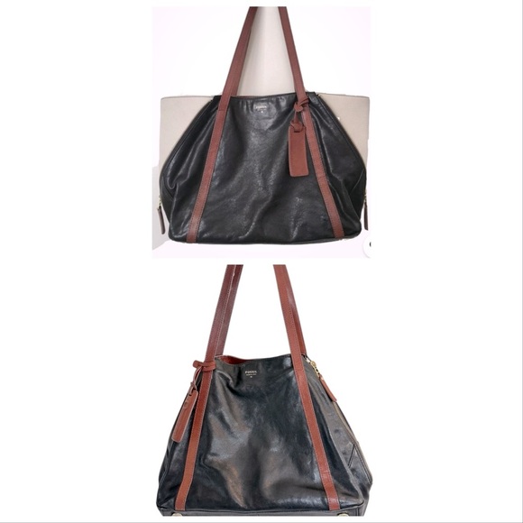 Fossil 2 in One Tote Expandable Black Brown Goat Hide Leather Side Zippers - Picture 1 of 11